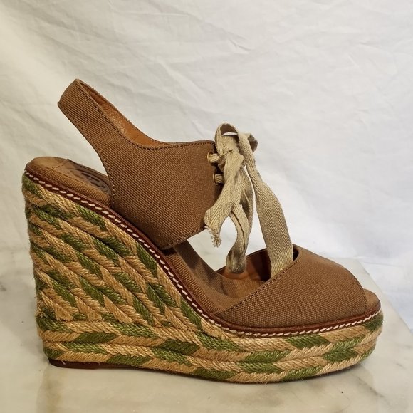 Tory Burch Shoes - Tory Burch Womens Linley Brown Peep Toe Platform Wedge Espadrille Sandal Size 6